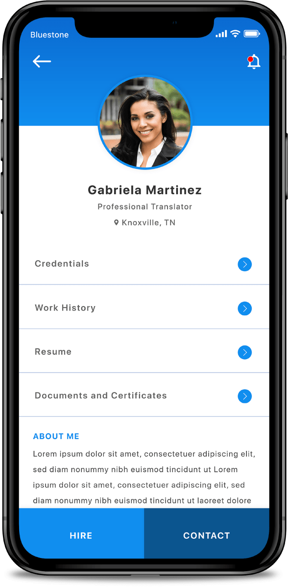 App screen shows Applicant Profile app features on an iPhone X.