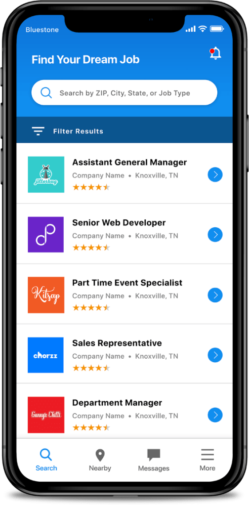 App screen shows Find Jobs app features on an iPhone X.