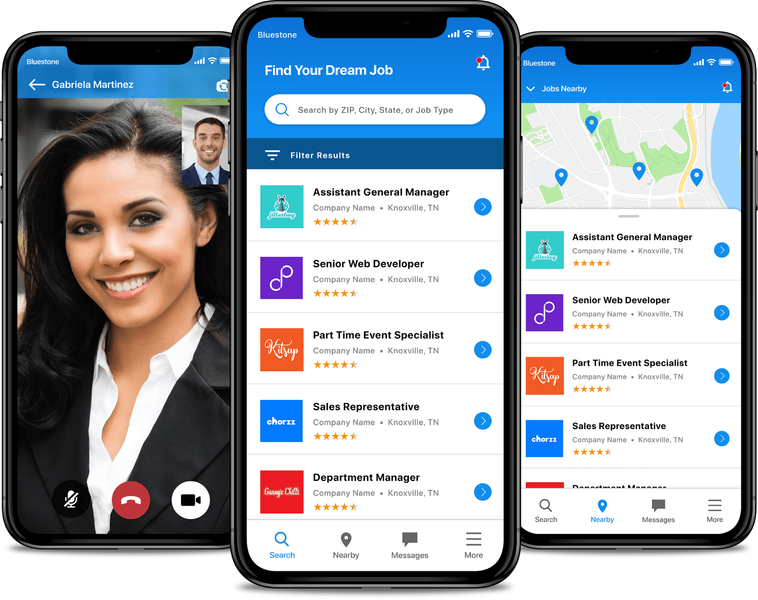 App screens show Jobs Map, Applicant Profile, and Find Jobs app features on an iPhone X.